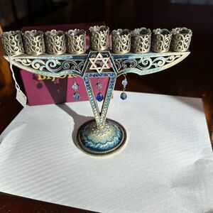 New Bijorca baked enamel MENORAH , heavy jeweled Shades of blue new great gift